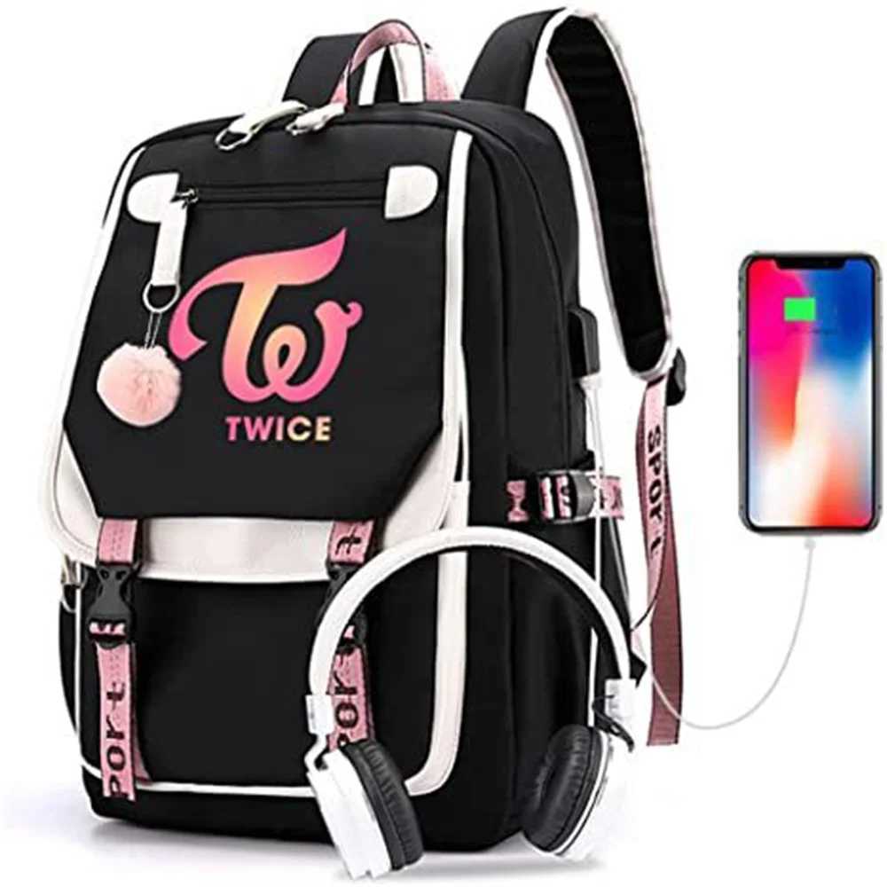 KPOP Twice Large Capacity USB Charging Book Bag Mochila Travel Bag Sana Momo Backpacks Gift Fans Collection S250728