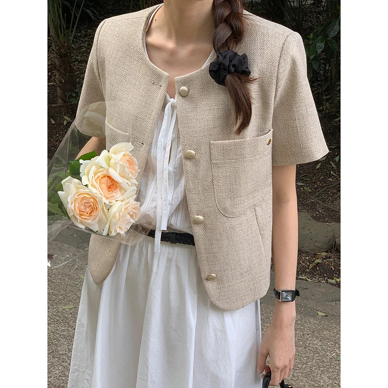 Temperament Suit Jacket Women Summer Single Breasted Slim Short Sleeved Top Harajuku Coat Womens Tweed Pink Shirt w250729