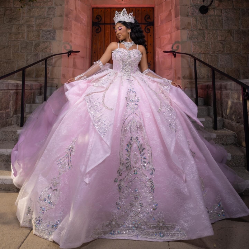 Pink Shiny Quinceanera Dresses Ball Gown Off The Shoulder Sequin Applique Lace Beads Bow Party Birthday Sweet 16 Dress Vestidos 15 Anos