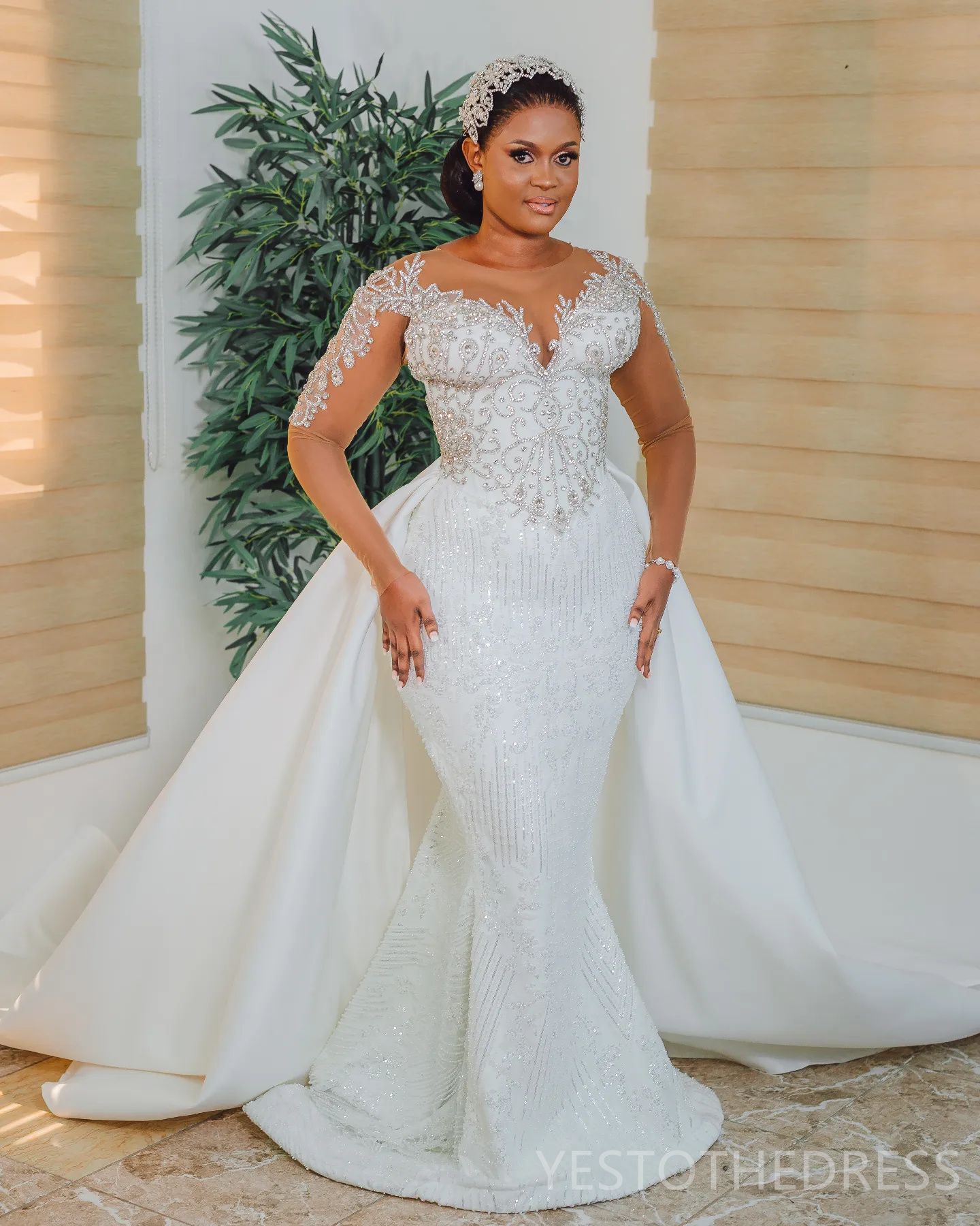 2025 Plus Size African Wedding Dress Bridal Gowns For Bride Detachable Train Mermaid Sheer Neck Illusion Long Sleeves Beaded Lace Wedding Gowns For Bl