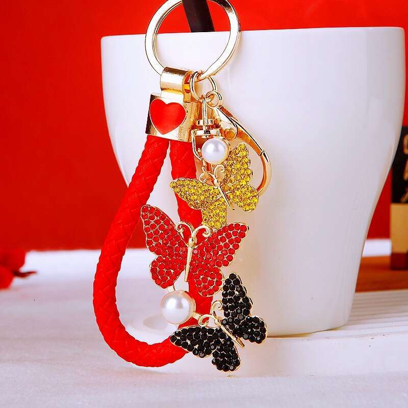 Inlaid Diamond Pearl Butterfly Car Women's Bag Pendant Keychain Metal Insect Ornament Gift
