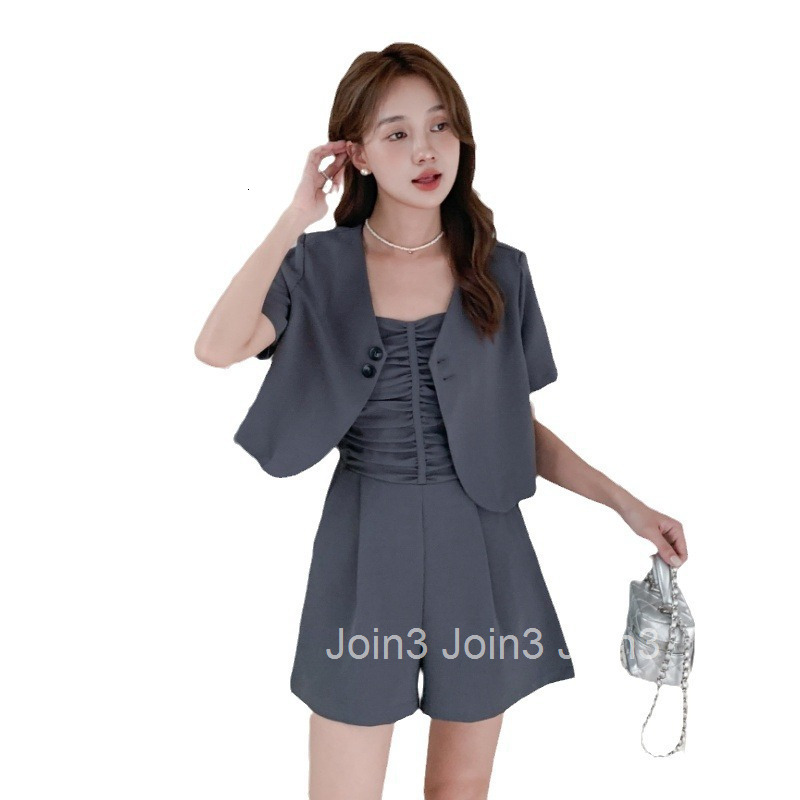 Summer New French Style Slimming Thin Short Sleeve Jacket Top + Camisole Jumpsuit Shorts Wide Leg Pants Set for Women