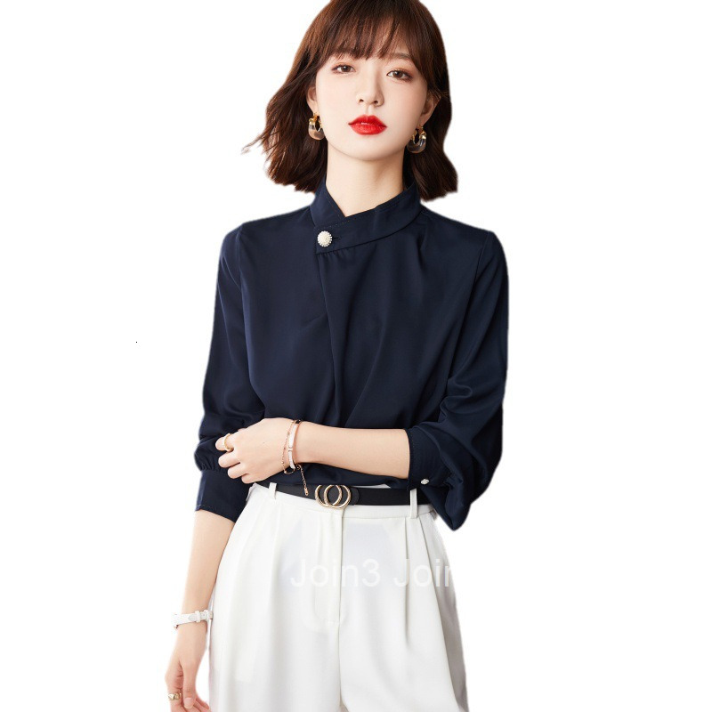 Spring and Autumn New OL Style French Plus Size Womens Pearl Button Elegant Long Sleeve Shirt Base Shirt for Women