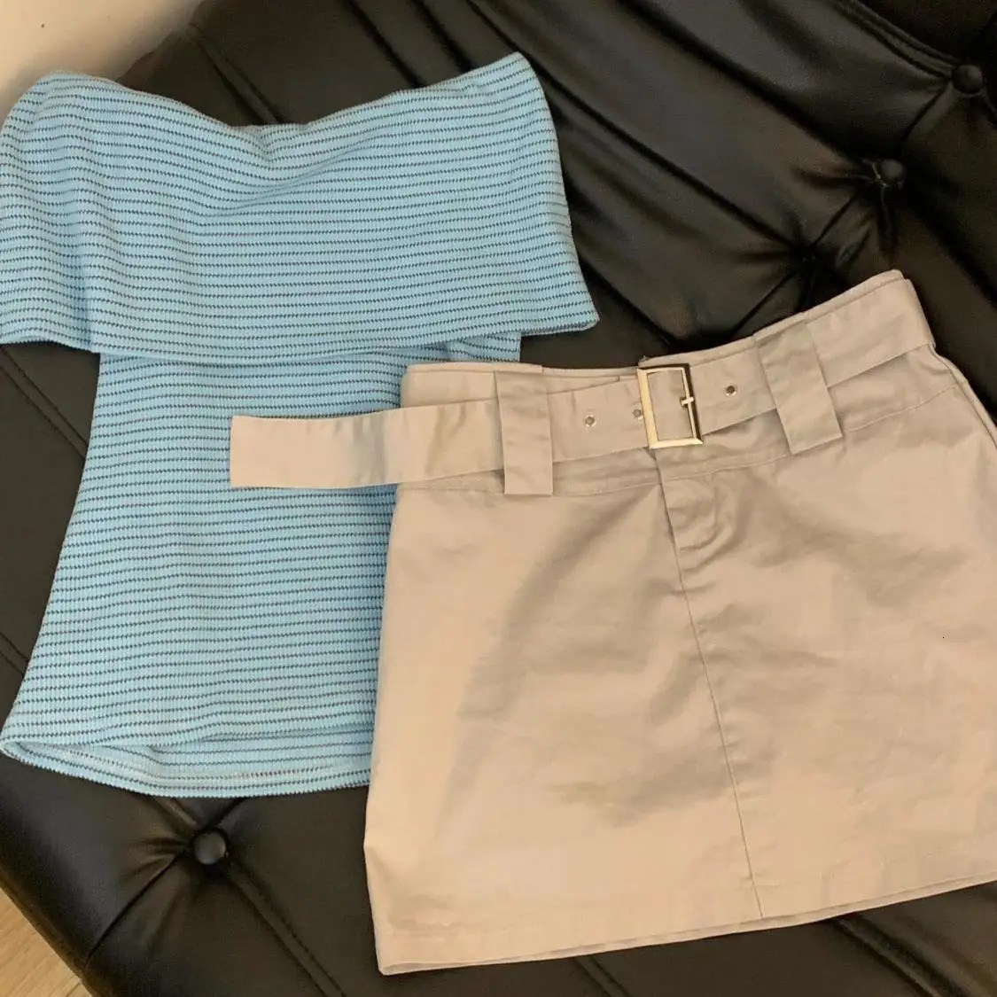 Summer Korean Fashion Oneshoulder Striped Tshirt Top High Waist Skirt Twopiece Sweet Simple Y2K Harajuku Aline Skirt 250729