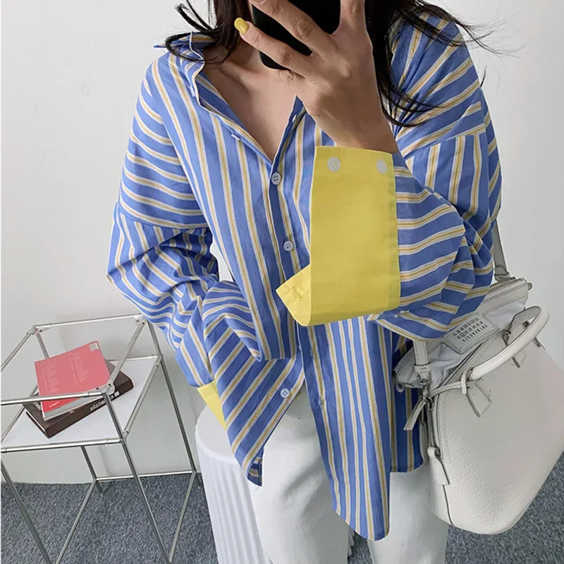 Spring Autumn Womens Fashion Color Blocking Striped Shirt Korean Style Loose Fit Slimming MediumLength Base Casual T 250729
