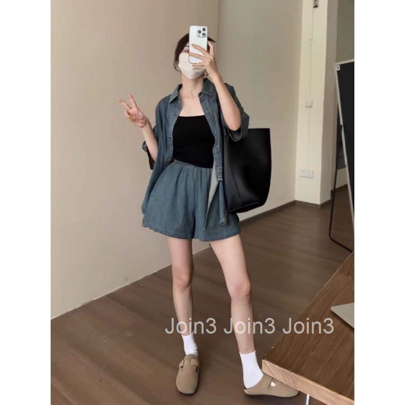 Summer Shorts Set for Women Fashion New Loose Casual Denim Half-Sleeve Top Shirt + Wide-Leg Shorts Two-Piece
