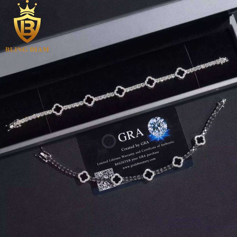 Fashion Black Clover Tennis Chain Sier 3mm Moissanite Pass Dia test Hip Hop Bracelet