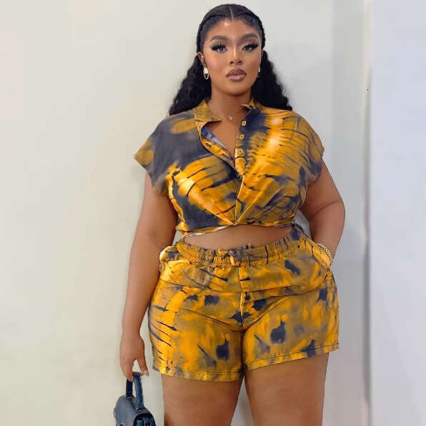 Women's Short Sleeve Turn-Down Collar Plus Size Printed Shirt Casual Shorts Fashion Loose Two-Piece Set For Women B5