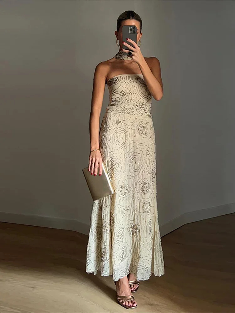 Elegant Womens Beaded Halter Top Skirt Set Sexy Sleeveless Printed 2piece High Waist Long Beach Party Club Outfit 250729