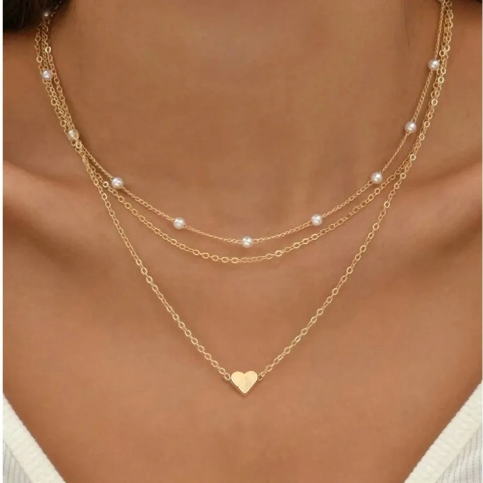 FTCY 3pcs Pearl Necklace Set 14K Gold Fashion Love Heart Pendant Waterproof Hypoallergenic Collarbone Neck Chain Jewelry 250715