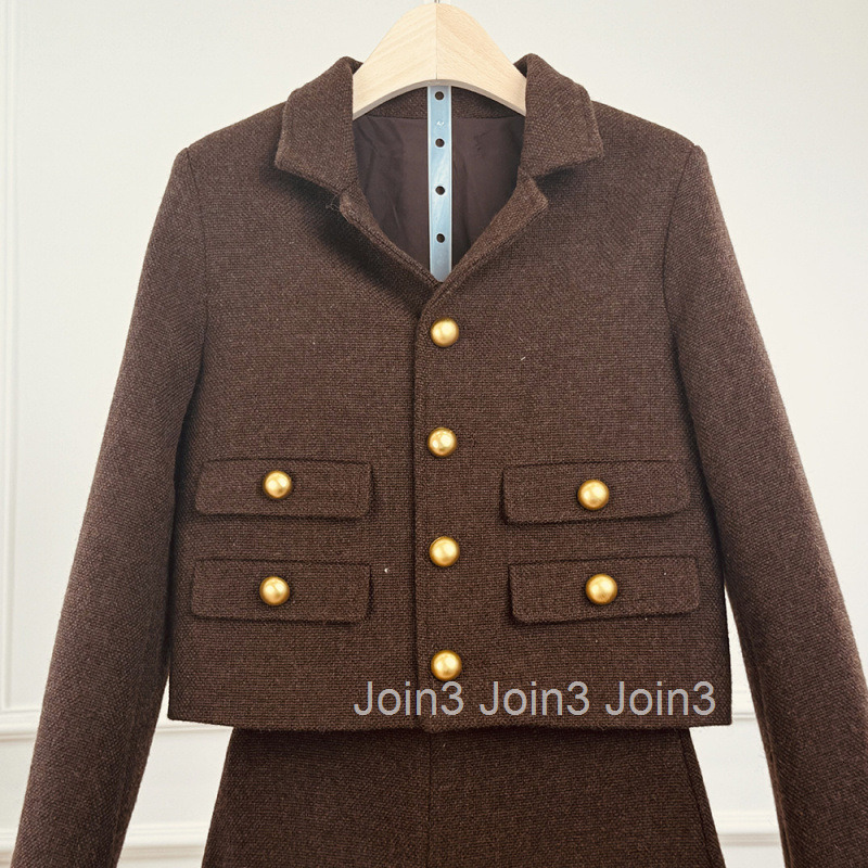 Spring and Autumn French Style New High-Quality Woolen Elegant Two-Piece Set with Turn-Down Collar Long Sleeve Jacket and Blazer Half Skirt Suit