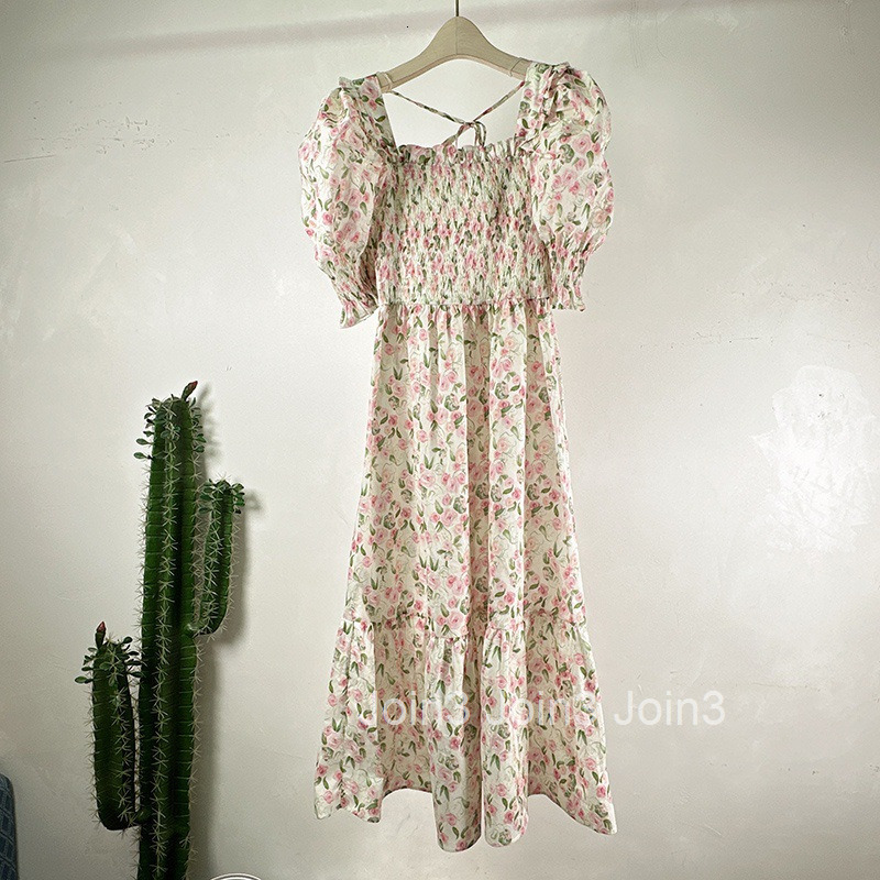 Summer New Fashionable Floral Skirt Elastic High Waist Short Sleeve Printed Dress Mid-Length A-Line Skirt