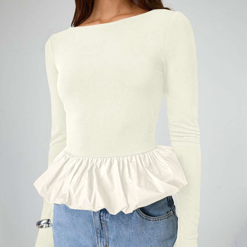 Ytp464 Women's Autumn New Solid Color Round Neck Patchwork Lace Sexy Long Sleeve Top B5