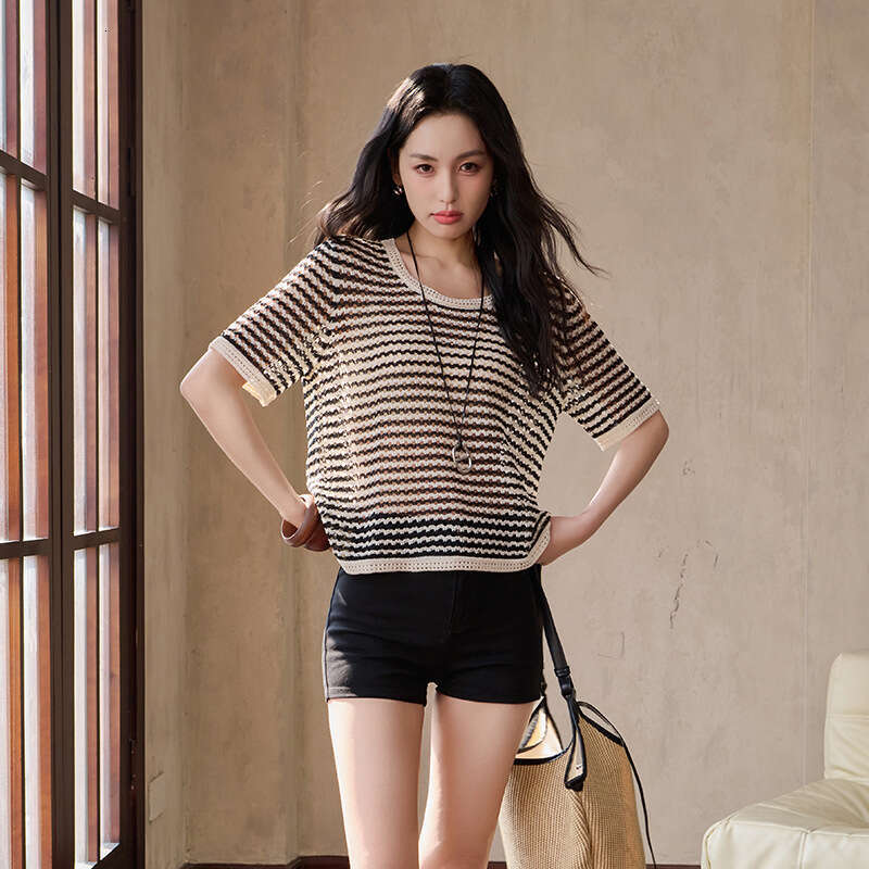 sxzy Summer New Round Neck Mulberry Silk Striped T-Shirt Loose Short Sleeve Hollow Out Slimming High-End Feel Women's Top
