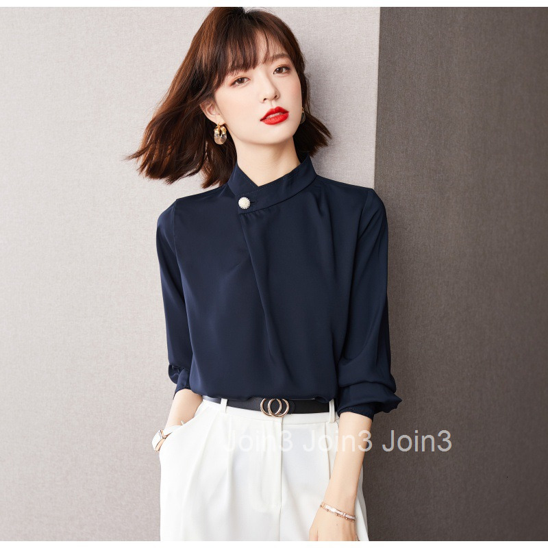 Spring and Autumn New OL Style French Plus Size Womens Pearl Button Elegant Long Sleeve Shirt Base Shirt for Women