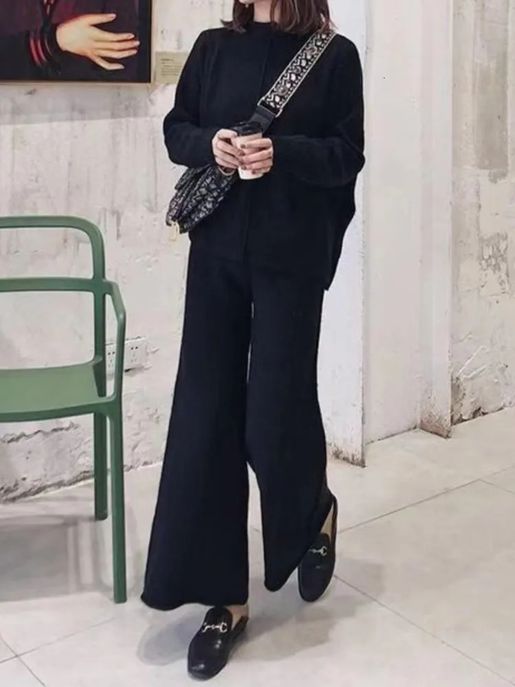 Elegant Knitted Two Piece Sets Womens Casual Oneck Knit Pullovers Loose Pants Female Suits Autumn Winter Fashion Lady Outfits 250729