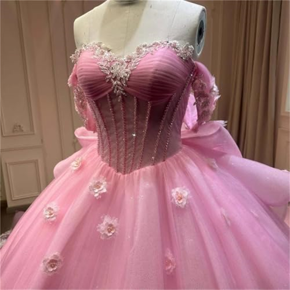 Ball Gown Quinceanera Dresses Off the Shoulder Appliques Big Bow Sweetheart Tulle Lace-up Plus Size Sweet 15 16 Princess Birthday Party Gowns Vestidos