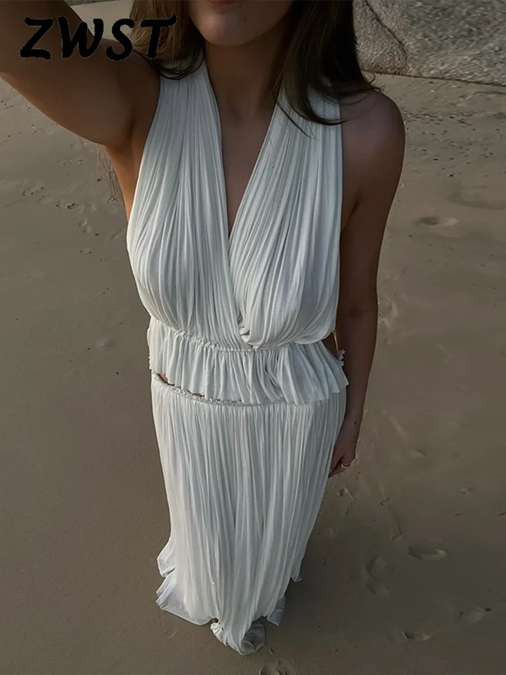 Spring Summer Elegant Pleated Top Skirt Sets for Women White Sleeveless Vneck Tops Midi Skirts Female Suit Beach Lady Robe 250729