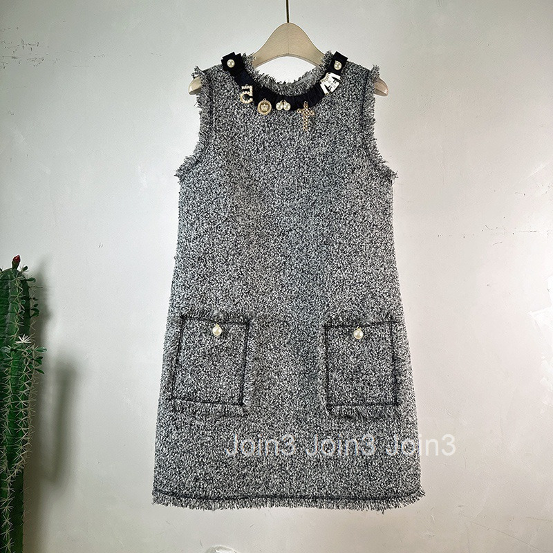 Winter Spring Summer New French Style Tweed Loose Simple Base Tank Dress Sleeveless Dress Short Dress