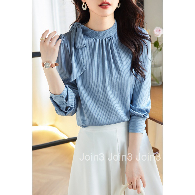Spring and Autumn New Tie Shirt Womens Professional Style Blue Striped Chiffon Long Sleeve Shirt Womens Top