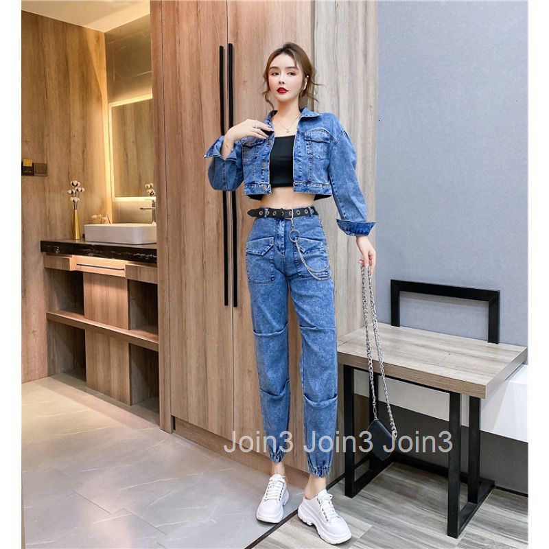 Autumn Winter New Fashionable Slim Fit Long Sleeve Denim Short Jacket Top + Long Pants Set for Women