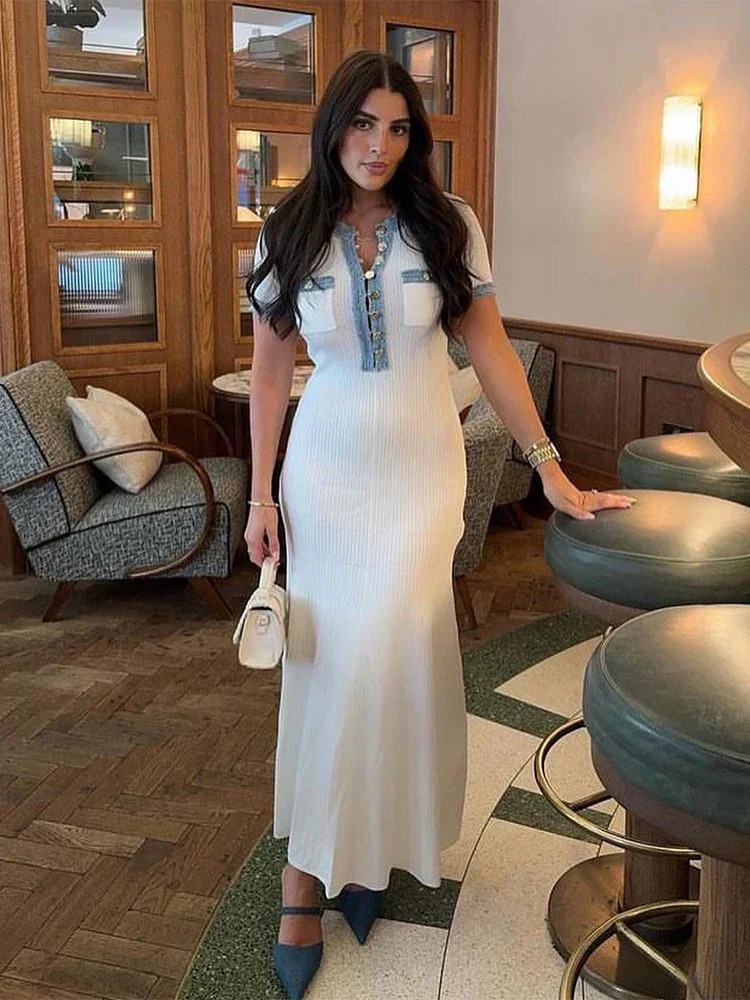 Elegant V Neck Denim Patchwork Knitted Long Dress Women Fashion Short Sleeved Buttons Bodycon Dresses Office Lady Pockets Robes 250728