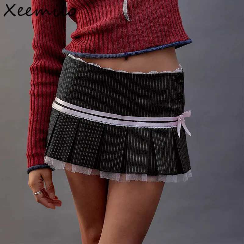 2024 Summer Fashion Style Stripe Print Mini Skirt Aesthetic Lace Pleated Patchwork Skirts Streetwear Sweet High-waist Dress R250728
