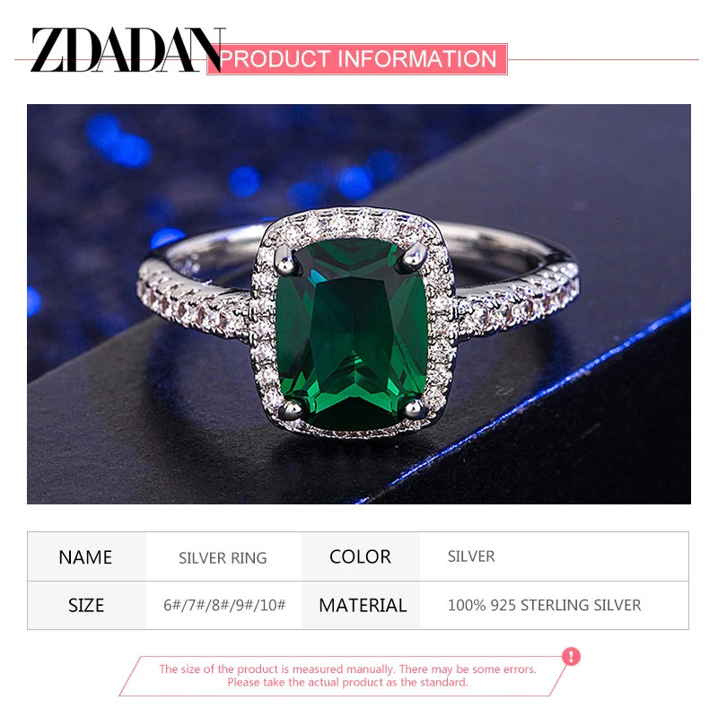ZDADAN 925 Sterling Silver Vintage Emerald Rings For Women Wedding Engagement Jewelry 250729