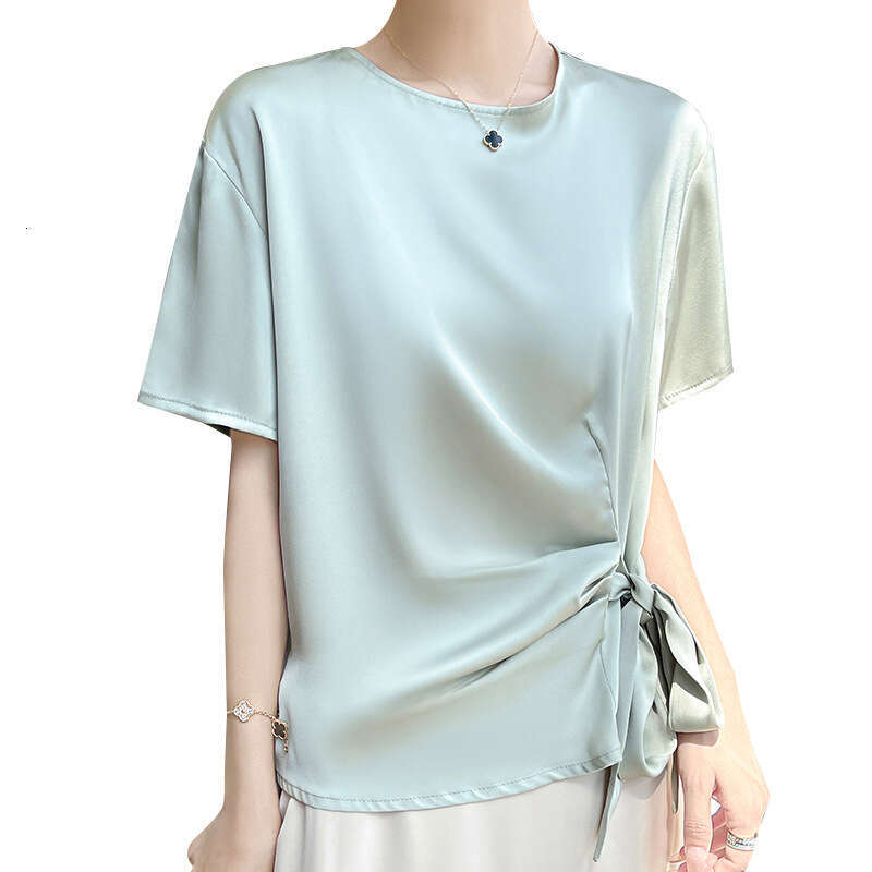 sxzy Non-Acetate Satin Design T-Shirt New Waist-Cinching Bow Short Sleeve Top Women's Summer High-End Korean Style