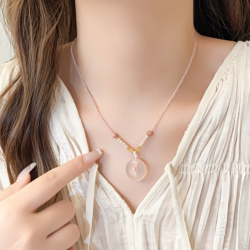 New Chinese Style Chalcedony Peace Buckle Braided Rope Necklace Women Pendant Accessories High-end Light Niche Collarbone Chain Choker Jewelry for Wom