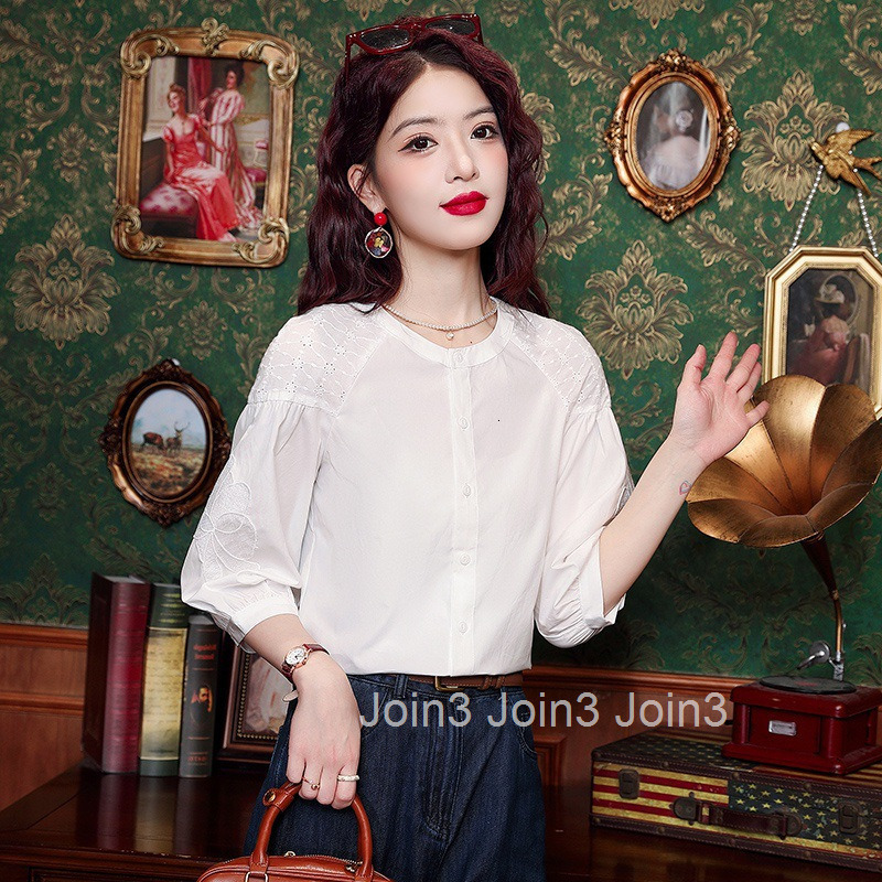 Autumn Summer New White Tencel Shirt Women Fashion French Style Three-Quarter Sleeve Blouse Top Women