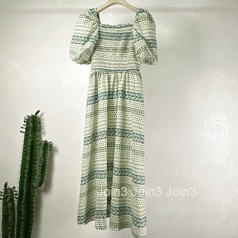 Summer New Off-Shoulder High Waist Slimming Long Dress Ethnic Style Floral Square Neck Puff Short Sleeve Dress