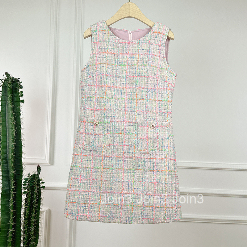 25 Autumn Winter New French Style Sleeveless Vest Dress for Women Plaid Elegant Slimming Base Short Dress