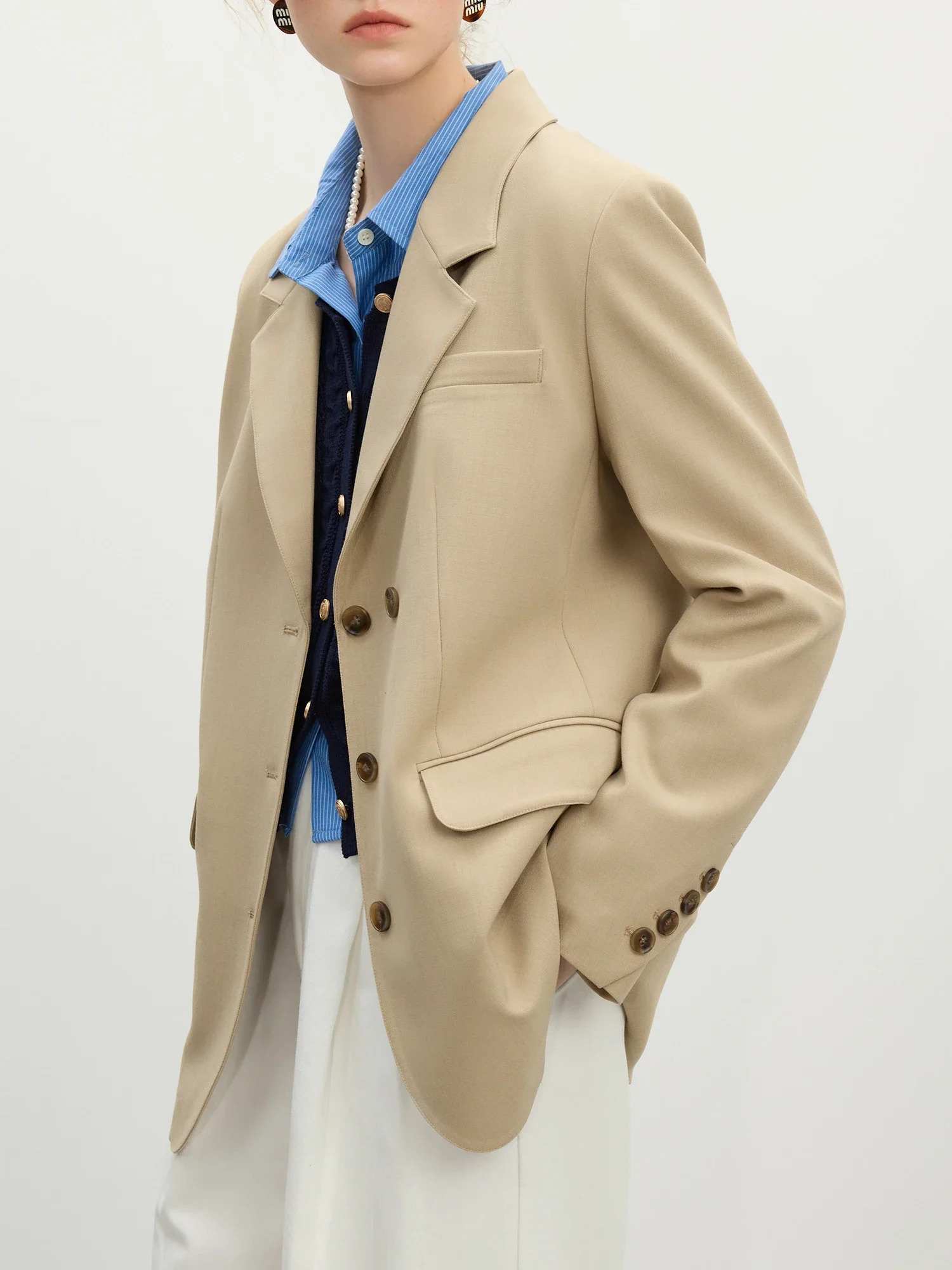 FSLE Women Khaki Blazer Spring Office Lady Black Simple Loose Front Shoulder Coats Button n Coat 25FS11071 250729