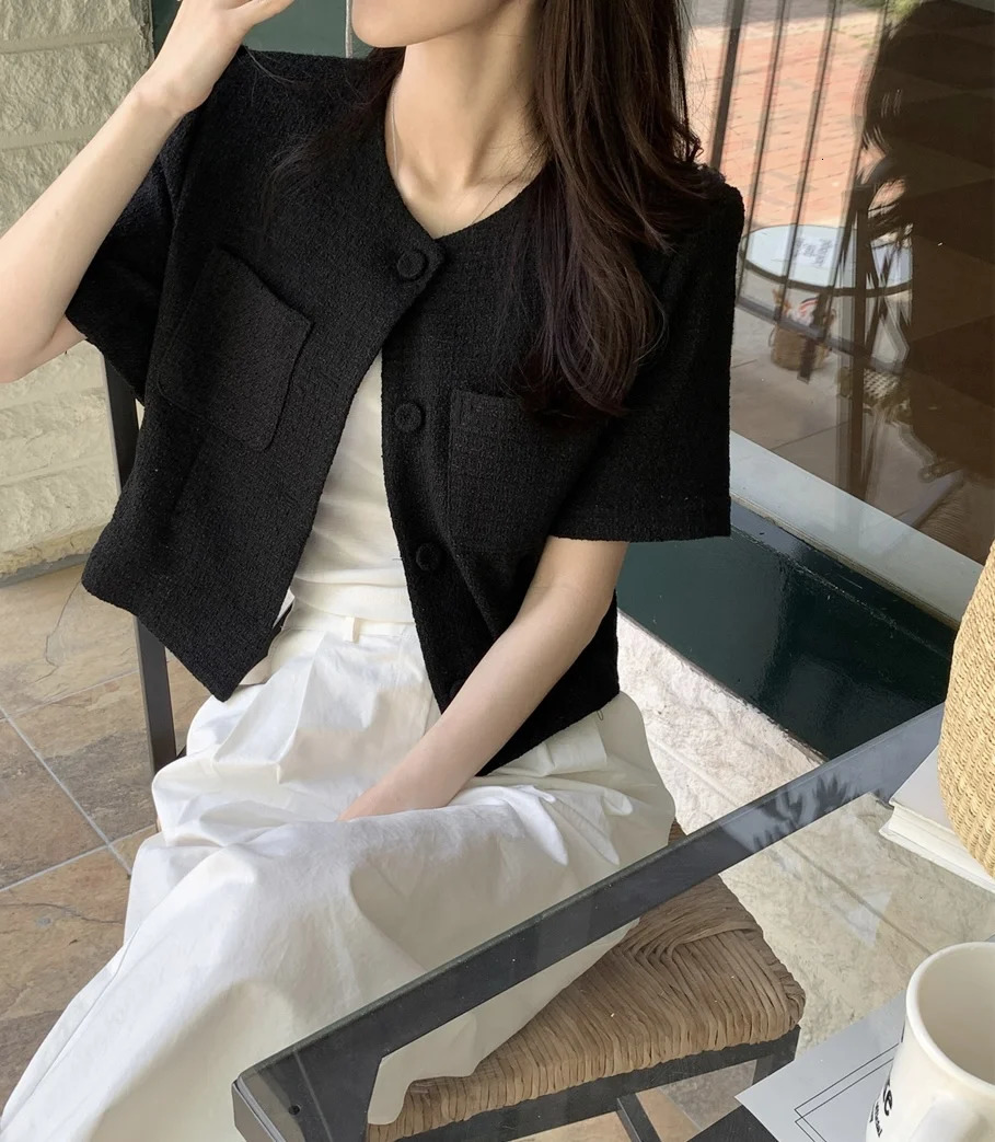 Korean Chic Summer Women Tops Short Sleeve Jacket Simple Casual O Neck Single Breasted Elegant Tweed Jackets Coats 250729