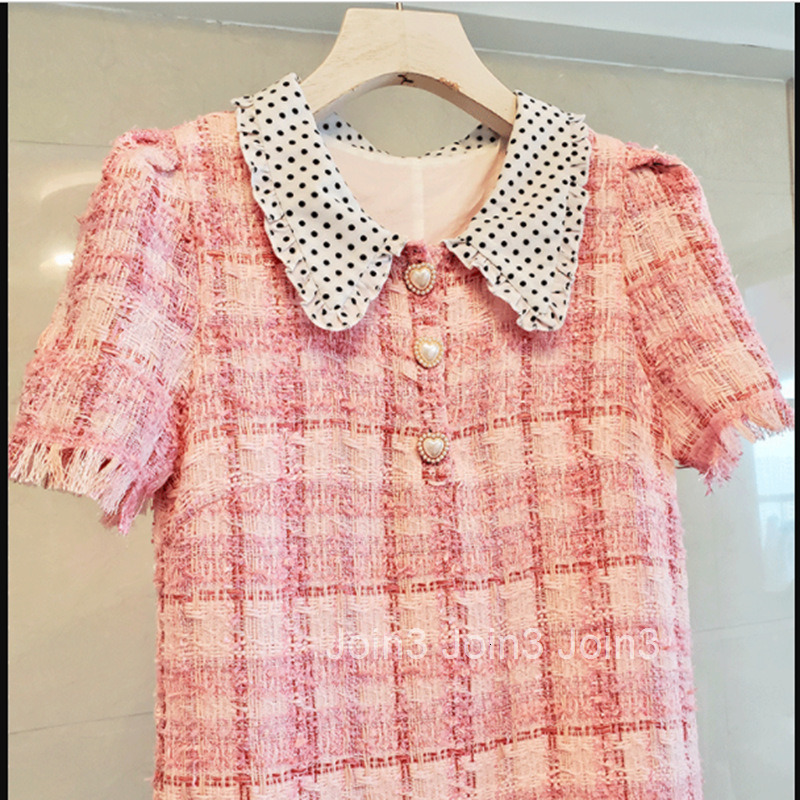 Socialite Little Fragrance Milk Dress 22 Summer New Fashion Slimming Turn-Down Collar Dress French Short Sleeve A-Line Dress