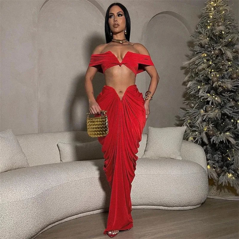 Sexy Party Night Ruched Maxi Dress Sets for Women Two Piece Set Club Outfits Slash Neck Crop Top Long Skirt Matching Sets 250729