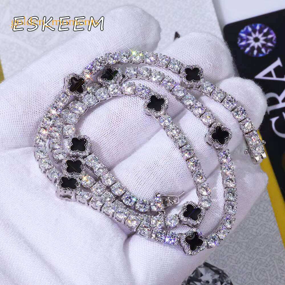 New Arrival Sterling Sier Hip Hop VVS Moissanite 4mm Clover Tennis Chain Necklace Gold Plated Fashion Gift