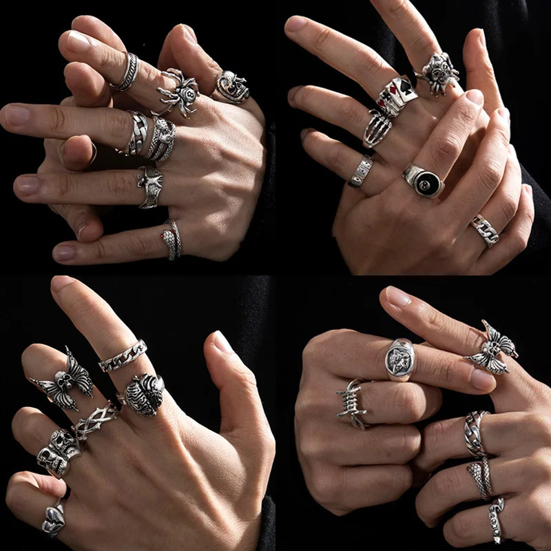 Vintage Punk Metal Multi Element Ring Set for Women Men Antique Silver Color Butterfly Snake Skull Finger Rings Gothic Jewelry 250729