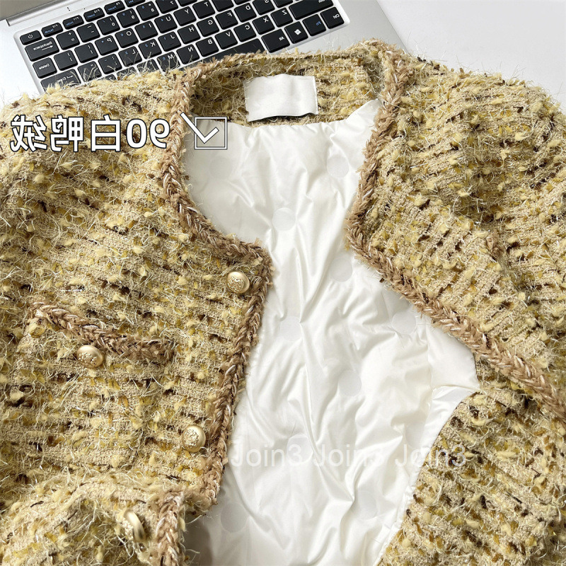 Winter New Thick Floral Wool Tweed Small Fragrance Style Down Jacket for Women with Design Sense Round Neck Long Sleeve Mid-Length Coat for Women