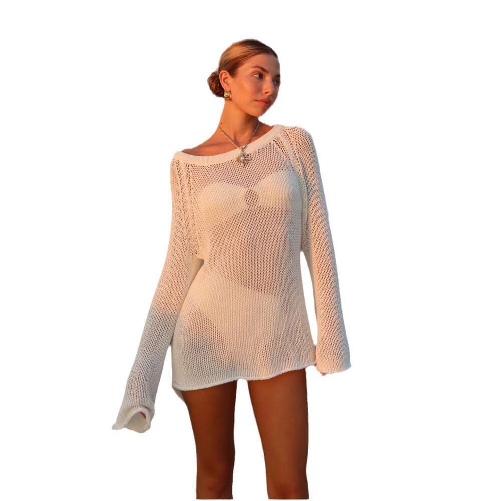Women's Clothing Spring New Beach Vacation Sexy Simple Knitted Sheer Cover-Up Dress For Women B5
