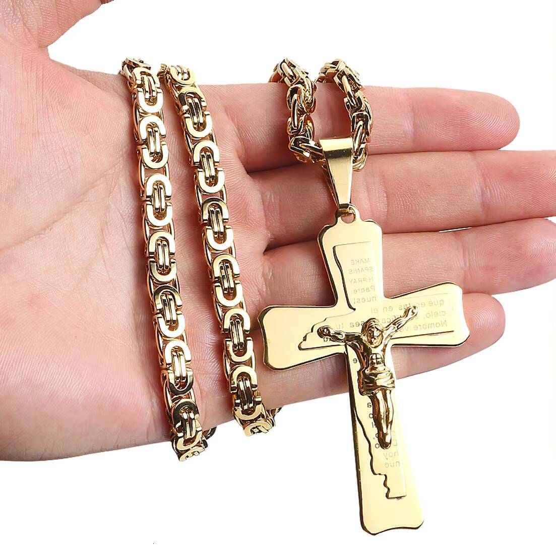 Stainless Steel Cross Jesus Pendant Necklace for Men Women in Gold Silver Black Pendant Solid Snake Chain Necklace Hip-hop