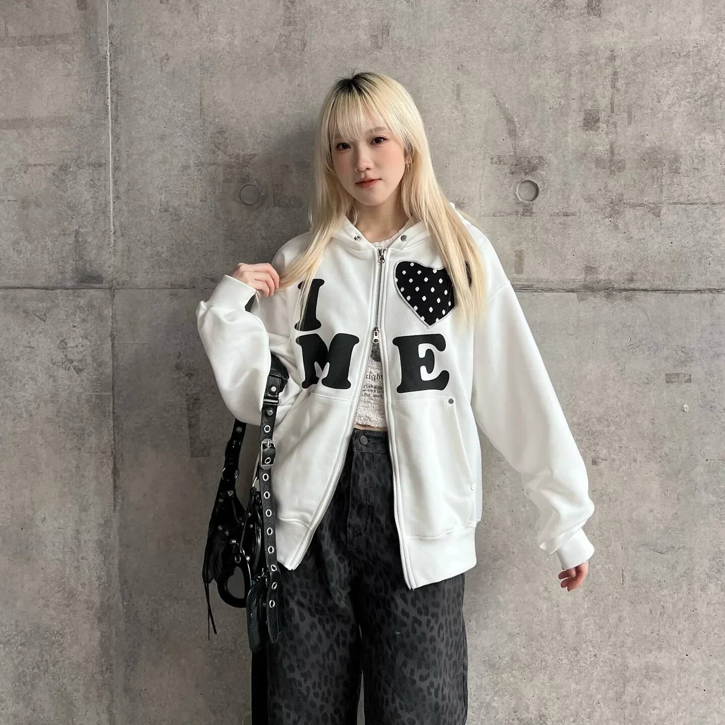 Y2k Korean Retro Hoodie Haruku Simple Color Block Letter Patch Oversized Zipper High Quality Sweatshirt Casual Fashion Tops