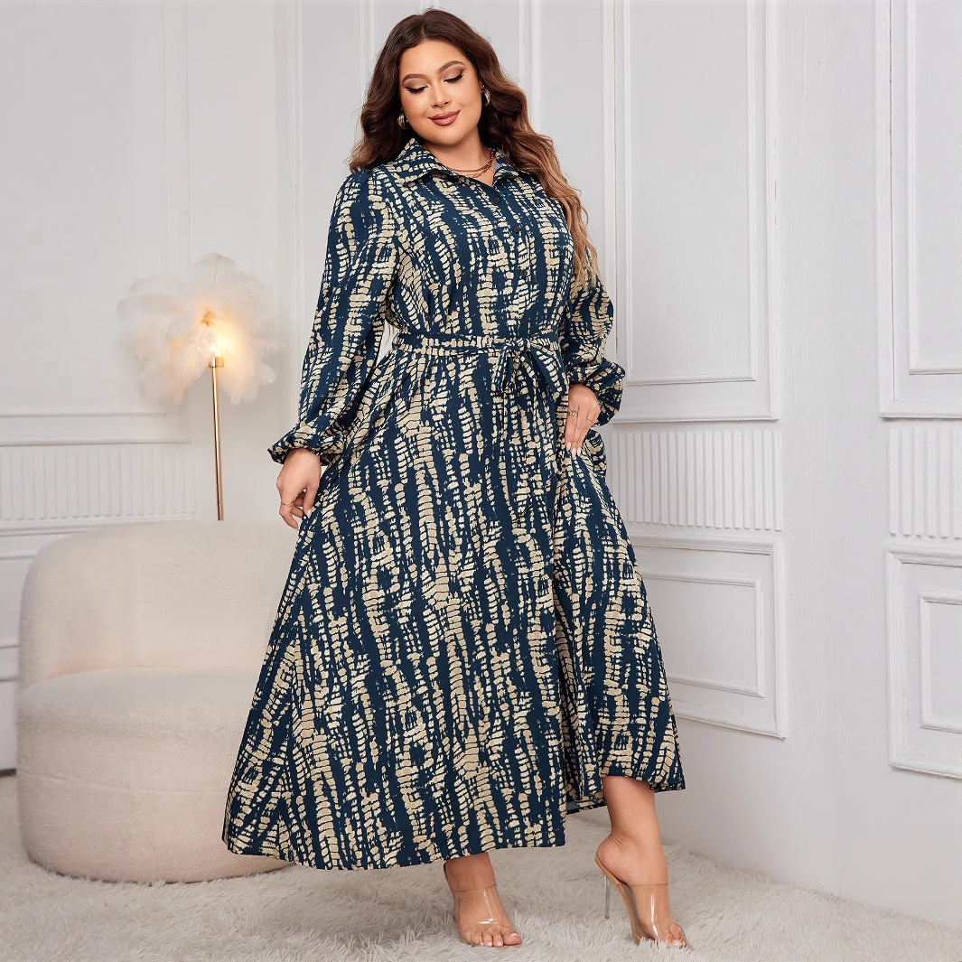X728Plus size printed waist plus size dress European and American polo neck long sleeve dress
