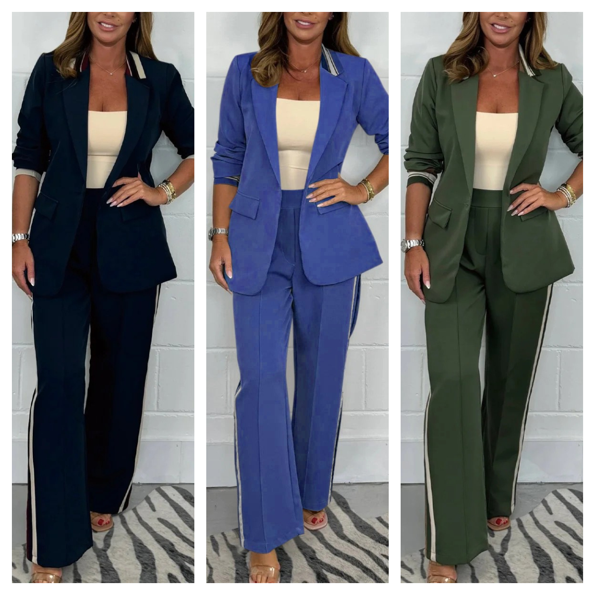 Autumn Elegant Striped Print Office Women's Suit Fashion Lapel Neck Blazer Jacket & Elastic Waist Pants Sets Winter 2pcs Outfits