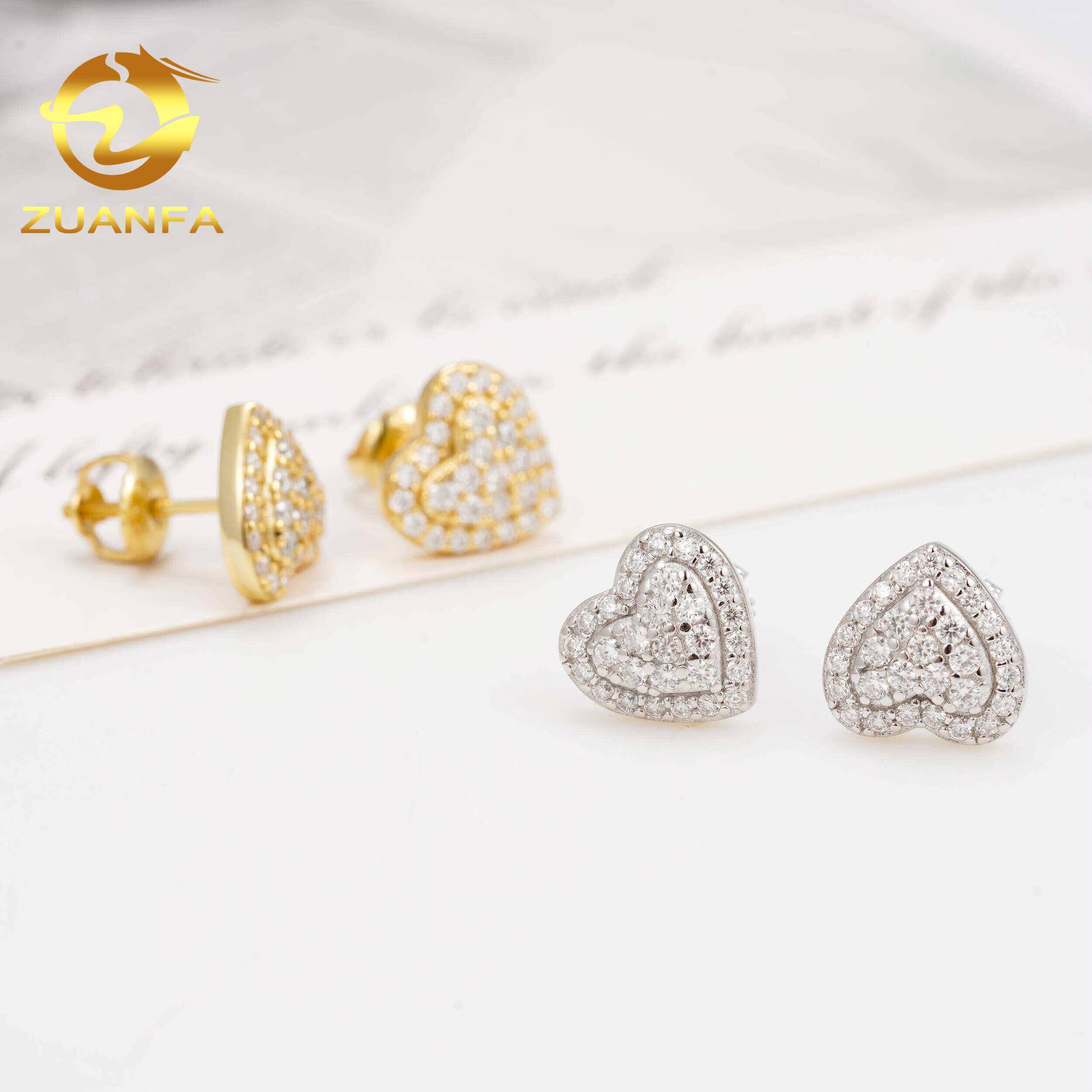 10mm Fashion Heart Shape Stud Earrings Cluster Moissanite Diamond 925 Sterling Silver Hip Hop Earrings Screw Back Men Earrings