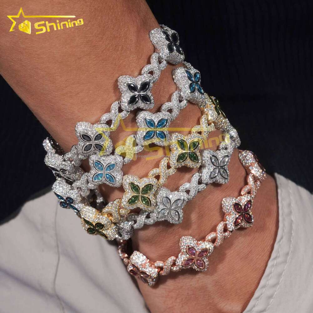 Charming Colorful Marquise Eye Moissanite Four-Leaf Clover Sier Cuban Chain Men's Women's Jewelry Bracelet Bangle