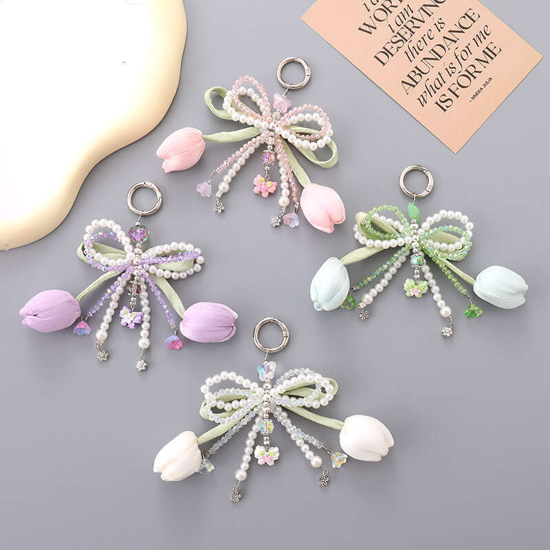 Hot Selling Miu Series Tulip Pearl Bowknot Bag Pendant Fresh Flower Phone Keychain Decoration for Women