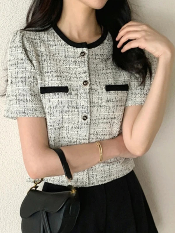 ort Coat Korean Sle Coarse Tweed Womens Summer Round Ne Svel Outerwear Ele Quali Small Size Fit 250729