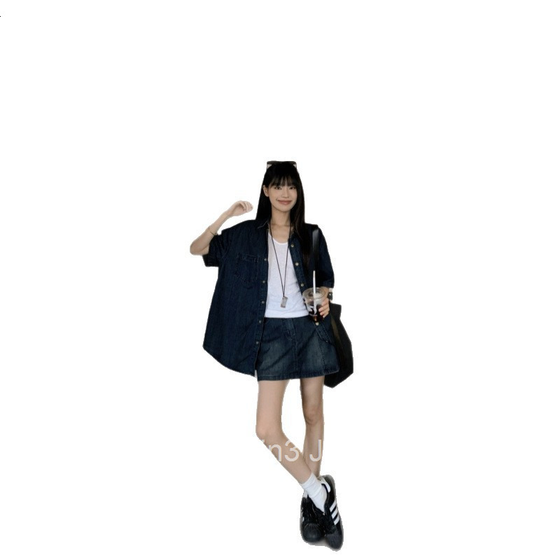 25 Summer New Korean Style Loose Short Sleeve Denim Shirt Top and Half Skirt Two-Piece Set for Women